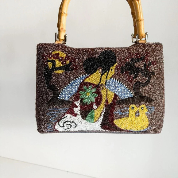 Vintage Fully Beaded Colourful Geisha Themed Bamboo Handle Purse - Picture 6 of 10